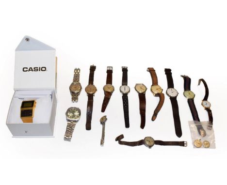 A selection of watches including a gent's Aster automatic wristwatch, 1970's Montine wristwatch, Roamer, Timex, Casio plated 