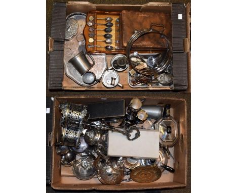 Two boxes of silver plate including flatware, teapots, decanter stand etc