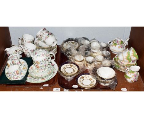 Assorted china tea wares to include Minton Haddon Hall, Wedgwood Hathaway Rose, Royal Albert Albany Green, Minton Dynasty (on