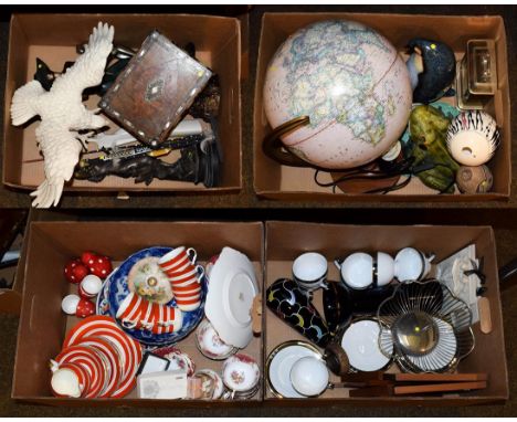 Four boxes of assorted items to include a modern desk globe, composite figures and a Paragon china tea set in the Rockingham 