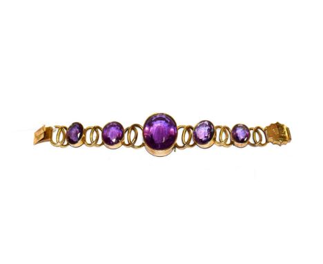 An amethyst bracelet, unmarked, length 18cm .  Gross weight 48.5 grams. 