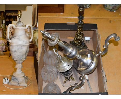 A carved alabaster urn formed table lamp, 50cm, a silver plated three branch candelabra and a brass column form table lamp, 3