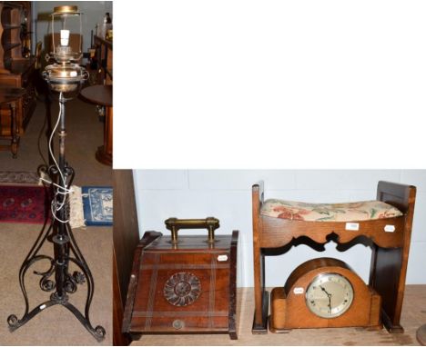 A Victorian wrought iron standard oil lamp 156cm high, together with a mahogany coal scuttle, dressing table stool, and a chi