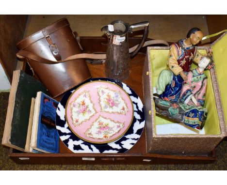 An oak butlers tray, a silver mounted cut glass claret jug (a.f.), a cased pair of Ross binoculars, folding maps including Ba