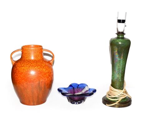 A Royal Lancastrian twin handled mottled orange glazed vase, a similar iridescent lamp base and two pieces of art glass (one 