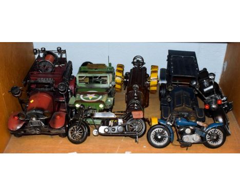 Seven painted metal vehicle models, Willis Jeep, fire engine and motor cycles, etc