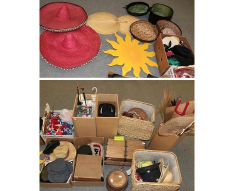 A large quantity of assorted theatrical costume, props and accessories including a treasure chest, barrel, large fans, sombre