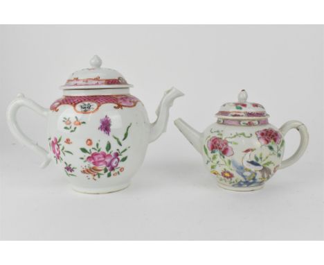 Two 18th century Chinese export famille rose polychrome enamelled teapots, the larger decorated with flowers, foliage and vig