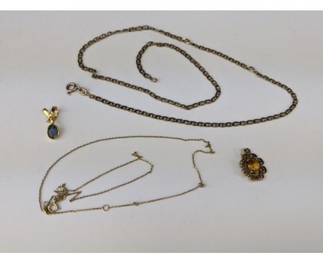 Two 9ct gold chains, together with a 9ct gold pendant set with citrine coloured stone 7.2g, and a silver gilt pendant set wit