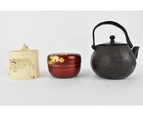 Japanese Meiji period and later collectables to include an ivory lidded pot, carved and painted with tigers and a mask finial