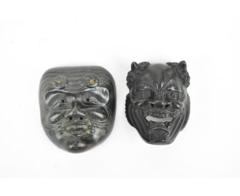 Two Japanese Meiji period patinated bronze Noh masks modelled as Shoki and an Oni (demon), both unsigned, largest one 5 cm hi