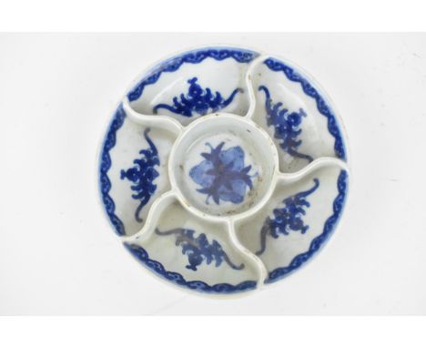 A Chinese Qianlong blue and white mallow form segmental dish, with shallow sides in the form of five petaled flower with peta