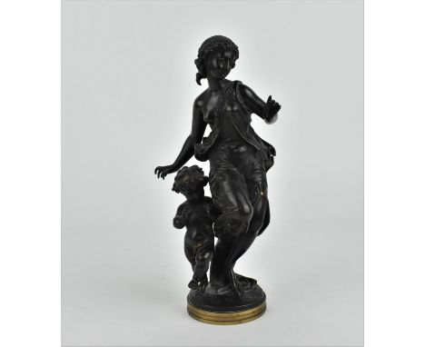 After Etienne-Henri Dumaige (1830-1888) Frenchbronze figural sculpture of a ménade (bachante) and putto dancing, with gilt hi