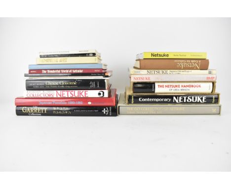 Books on Japanese netsuke to include the Netsuke Handbook of Veda Reikichi, The Go Collection of Netsuke, and others, along w