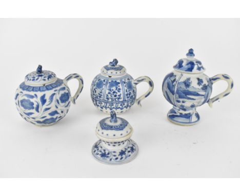 Three Vung Tace cargo design bleu and white mustard pots, 17th/18th century two of globular shape, with a rim cut for a spoon