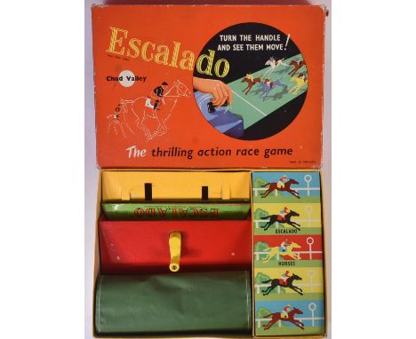 A vintage Chad Valley ' Escalado ' tabletop Horse Racing game with cast metal horses, race track and original box with instru