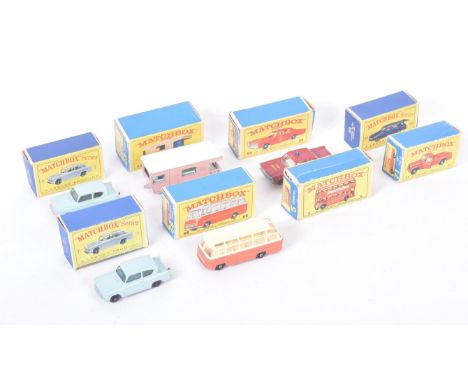 A collection of vintage Lesney made Matchbox Series boxed diecast models comprising; No. 7 Ford Anglia (x2), No. 38 Vauxhall 