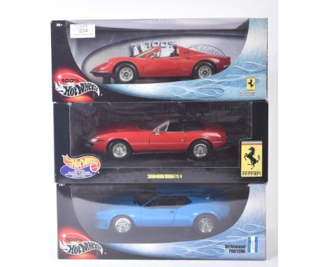 A collection of x3 Mattel made Hot Wheels 1/18 scale diecast model cars comprising; 50424 DeTomaso Pantera, 25730 Ferrari 365