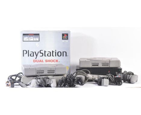 Retro Gaming - a vintage PS Playstation video game console bundle comprising x4 original Playstation models (SCPH-1002, SCPH-