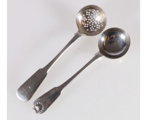 Sauce ladle and a sifter of fiddle pattern the former with shell initialled by J.Haxton and R.Donaldson respectively, Dundee 