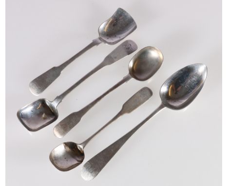 Dessert spoon initialled by Peter Lambert, Montrose c1810, three preserve or sugar spoons, John Allen, Aberdeen David  Izat, 