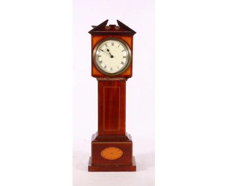 Apprentice type miniature grandfather longcase clock in  mahogany and marquetry case with Roman numeral chapter ring, no nami