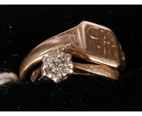 9ct gold diamond ring, size G, 1.1g and a 9ct gold signet ring, size L, 2.6g.