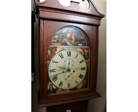 James Park of Kilmacolm longcase clock, the painted dial with "Lady of the Lake" arch top, the spandrels with Burns, Scott, F