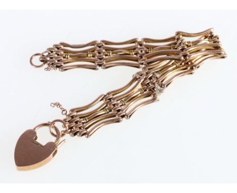 9ct yellow gold fancy gate link bracelet with padlock closure, 13.6g