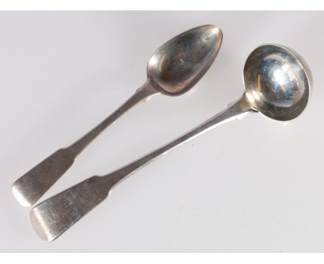 Toddy ladle of fiddle pattern initialled marks not clear, maker S.S a similar tea spoon with similar marks.