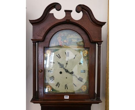 James Leithhead longcase grandfather clock with painted dial in an oak case. CONDITION REPORT: Clock face is quite tired and 