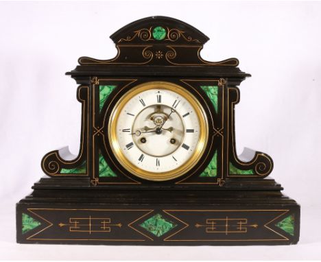 Marble mantle clock with visible escapement, the works stamped Bennett of London, striking on a bell, 50cm wide. CONDITION RE