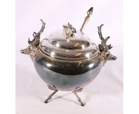 Scottish silver plated soup tureen and ladle, the handles modelled as stag busts and cover with roe finial 26cm tall CONDITIO