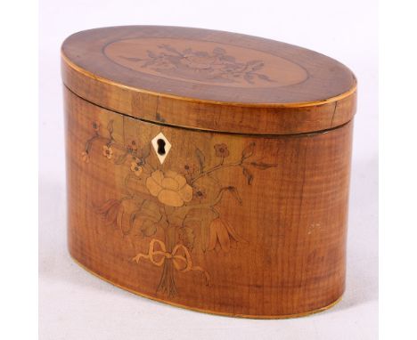 19th century mahogany marquetry inlaid oval tea caddy, 14cm tall