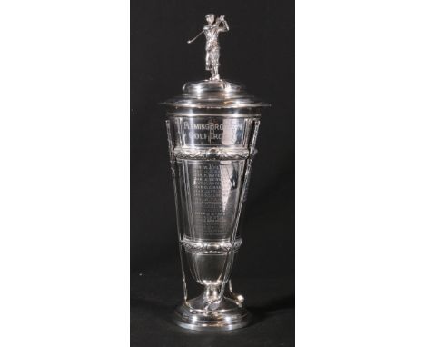 George V silver prize cup titled 'Fleming Brothers Golf Trophy', with awardees from 1936 to 1977, model of a golfer as the fi