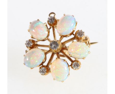 Unhallmarked yellow gold, diamond and opal flower head combination brooch pendant, the central diamond approximately 0.1ct, 2