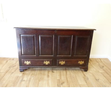 19th Century bedding box, four panel front, over two small drawers, on bracket feet, length 143cm, width 55cm and height 86cm