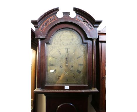 J Gibson of Edinburgh grandfather longcase clock with engraved brass dial, Roman numeral chapter ring, seconds dial and oak a