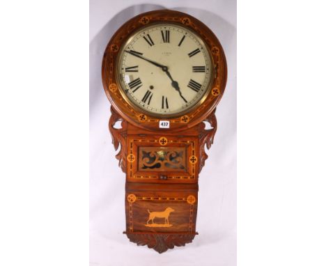 J T Kean of Ayr wall clock with marquetry and parquetry case, 84cm tall.