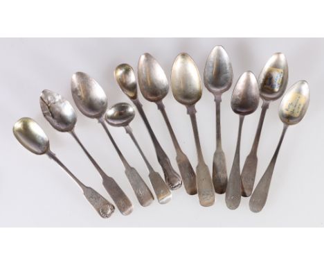 Set of eight tea spoons, two mounted spoons and another, salt some fiddle pattern, various initials by R and R Keay, Perth c1