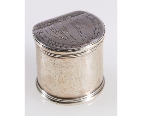 Early 18th century snuff box of flattened cylindrical form with moulded edges and hinged cover with engraved band and scratch