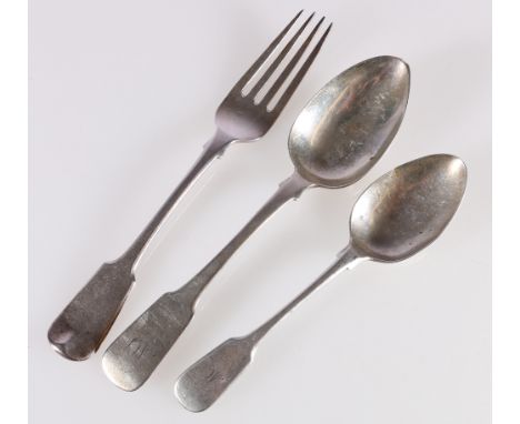 Table fork of fiddle pattern by G.Booth c1830, a dessert spoon by the same and a table spoon by Rettie and son all Aberdeen, 