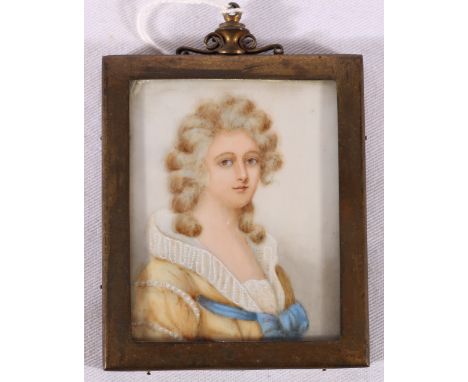 Georgian portrait miniature of Mrs Georgina Hare-Naylor in gilt metal frame 7.5cm x 6cm CONDITION REPORT: Some dirty patches,