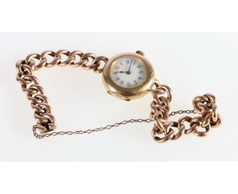 Unhallmarked wristwatch with Arabic numbered chapter ring on curb bracelet, 33g gross.