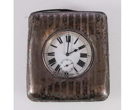 Goliath pocket watch with Roman numeral chapter ring and subsidiary seconds dial in a silver bound easel travel case.  CONDIT