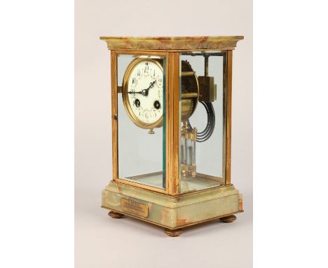 French green onyx four glass mantel clock, white enamel dial with  floral garlands, with mercury pendulum, length 14cm, width