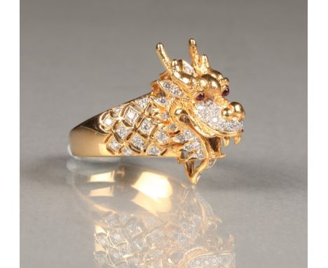 Gents diamond set 18 carat gold ring, in the form of a Chinese dragon with ruby eyes, ring size U/V, total weight 11.5g CONDI