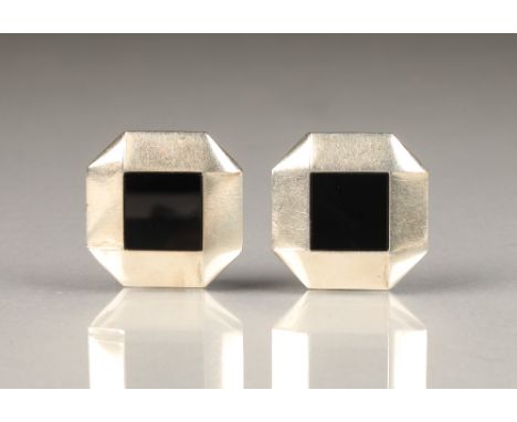 Georg Jensen, a pair of Danish modernist sterling silver and black onyx piazza clip earrings, model No 209 designed by Allan 