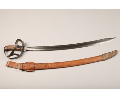 Dutch Hembrug short sword. The blade stamped Hembrug with leather scabbard, basket hilt with wooden grip, blade 62cm