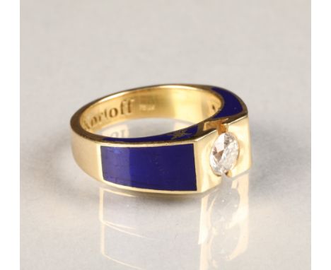 Korloff 18 carat gold diamond ring 0.5 carat diamond set on 18 carat yellow gold, set with blue enamel ring size R, weight 11